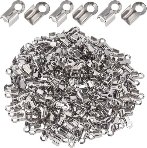 1 Box 300Pcs Fold Crimp Ends Fold Over Cord End Stainless Steel Folding End Caps Fold-over Crimp End Tips Silver Terminators Connector Findings for Jewelry Making Supplies DIY Crafts Necklace in Kuwait