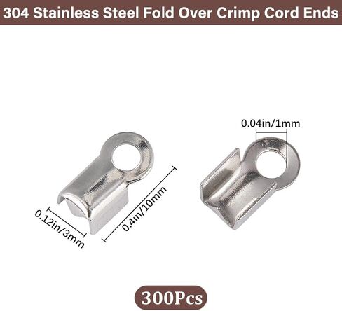 1 Box 300Pcs Fold Crimp Ends Fold Over Cord End Stainless Steel Folding End Caps Fold-over Crimp End Tips Silver Terminators Connector Findings for Jewelry Making Supplies DIY Crafts Necklace in Kuwait