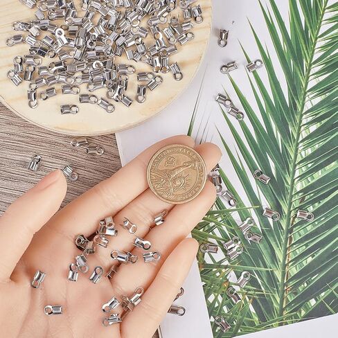 1 Box 300Pcs Fold Crimp Ends Fold Over Cord End Stainless Steel Folding End Caps Fold-over Crimp End Tips Silver Terminators Connector Findings for Jewelry Making Supplies DIY Crafts Necklace in Kuwait