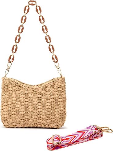 Straw Bag for Women, Lightweight Woven Straw Shoulder Bag, Summer Handmade Beach Tote with Chain, Eco-Friendly Vacation Purse in Kuwait