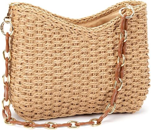 Straw Bag for Women, Lightweight Woven Straw Shoulder Bag, Summer Handmade Beach Tote with Chain, Eco-Friendly Vacation Purse in Kuwait