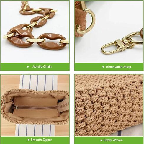 Straw Bag for Women, Lightweight Woven Straw Shoulder Bag, Summer Handmade Beach Tote with Chain, Eco-Friendly Vacation Purse in Kuwait
