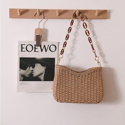 Straw Bag for Women, Lightweight Woven Straw Shoulder Bag, Summer Handmade Beach Tote with Chain, Eco-Friendly Vacation Purse in Kuwait