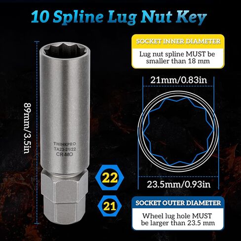 10 Spline Lug Nut Socket,Replacement for TA23-21/22 10 Spline Lug Nut Key,Dual Drive 10 Point Wheel Lock Key,Compatible with Bimecc 10 Point Socket. in Saudi Arabia