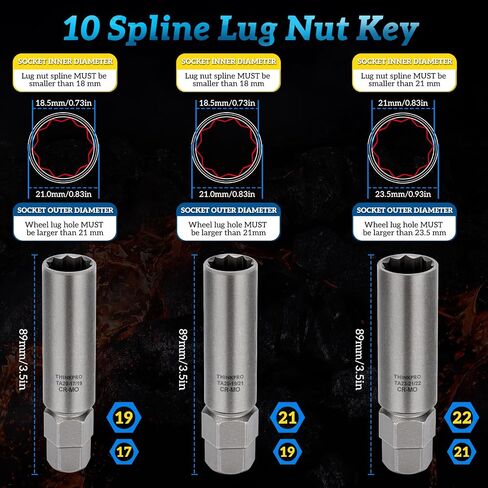10 Spline Lug Nut Socket,Replacement for TA23-21/22 10 Spline Lug Nut Key,Dual Drive 10 Point Wheel Lock Key,Compatible with Bimecc 10 Point Socket. in Saudi Arabia