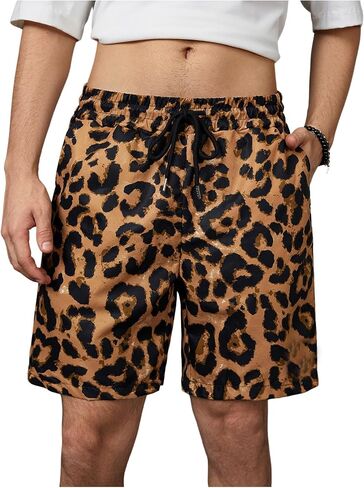OYOANGLE Men's Leopard Graphic Print Adjustable Elastic Waist Drawstring Workout Shorts in Kuwait
