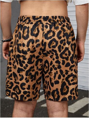 OYOANGLE Men's Leopard Graphic Print Adjustable Elastic Waist Drawstring Workout Shorts in Kuwait