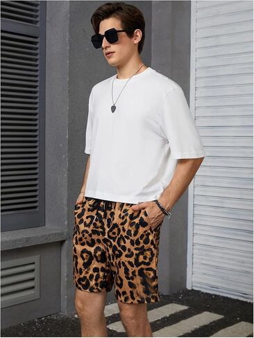 OYOANGLE Men's Leopard Graphic Print Adjustable Elastic Waist Drawstring Workout Shorts in Kuwait