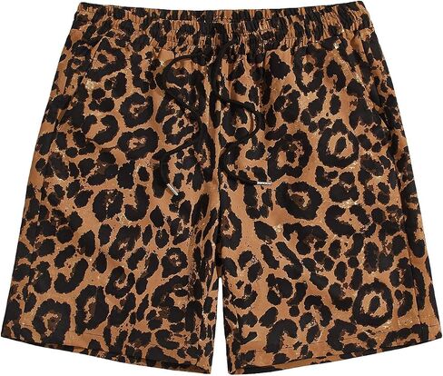 OYOANGLE Men's Leopard Graphic Print Adjustable Elastic Waist Drawstring Workout Shorts in Kuwait