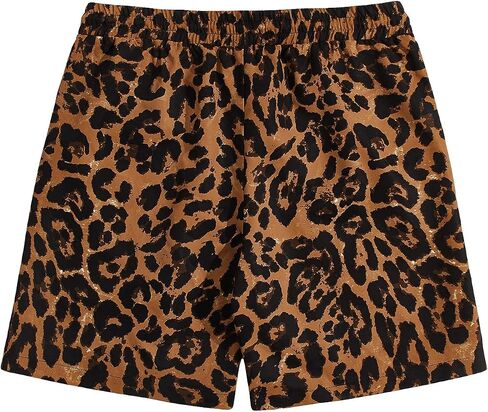 OYOANGLE Men's Leopard Graphic Print Adjustable Elastic Waist Drawstring Workout Shorts in Kuwait