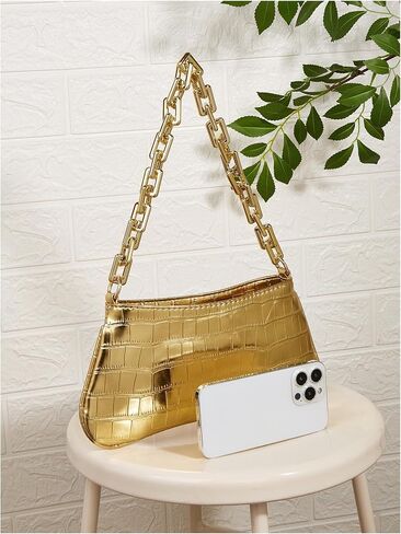 GORGLITTER Women's Metallic Shoulder Bag Crocodile Embossed Clutch Purse Chain Zipper Closure Funky Handbag in Saudi Arabia