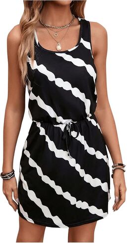 Women's Leopard Print Sleeveless Tank Dress Drawstring Waist Scoop Neck Dresses Summer Short Dress in Saudi Arabia
