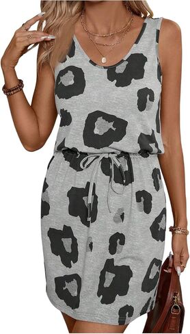 Women's Leopard Print Sleeveless Tank Dress Drawstring Waist Scoop Neck Dresses Summer Short Dress in Saudi Arabia