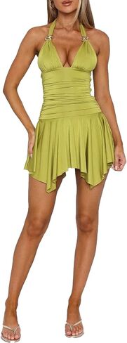 Womens Sexy Halter Deep V Neck Summer Mini Dresses Ruched Waist Asymmetric Ruffled Hem Backless Club Party Short Dress in Kuwait