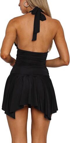 Womens Sexy Halter Deep V Neck Summer Mini Dresses Ruched Waist Asymmetric Ruffled Hem Backless Club Party Short Dress in Kuwait