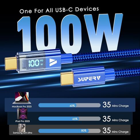 SUPERV Smart LED Nylon Braided Sync Charge USB C to USB C Data 3.3ft/100cm White Cable in Saudi Arabia