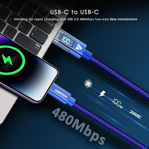 SUPERV Smart LED Nylon Braided Sync Charge USB C to USB C Data 3.3ft/100cm White Cable in Saudi Arabia