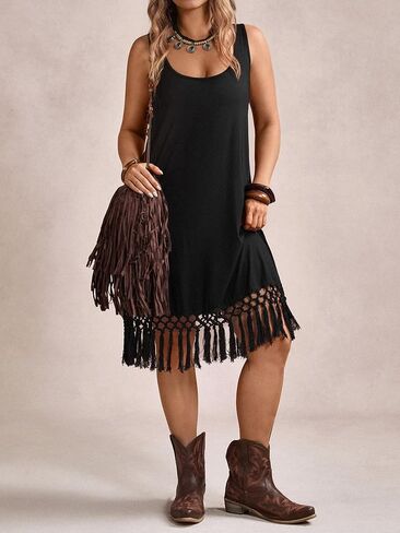 Verdusa Women's Plus Size Tassel Cowgirl Dress Boho Flowy Fringe Fringe Oclessed Midi Dresses in Saudi Arabia