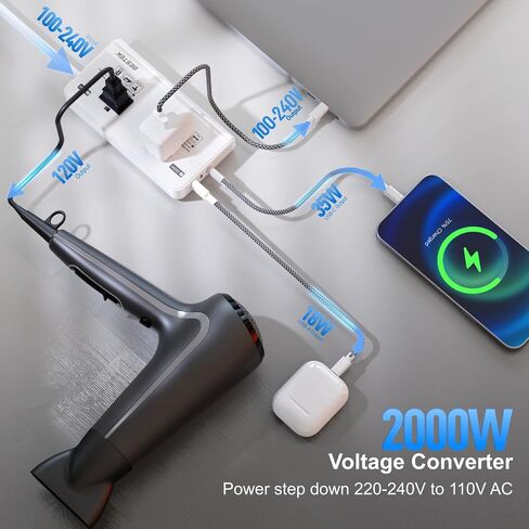 BESTEK 2000W Voltage Converter 220V to 110V International Universal Voltage Converter US to Europe Travel Adapter with 2 AC Outlets and 3 USB Ports(2 PD35W), for Hair Dryer Straightener Coffee Maker in Saudi Arabia