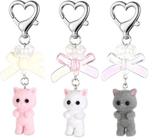 3 Pcs Cute Cat Keychain, Fuzzy Cat Keychain Aesthetic Keychain Matching Cat Keychains Delicate Kitty Keychains Decor Y2K Heart Bow Pendant for Women Cat Keychain Charms for Backpack, Purse, Phone in Saudi Arabia