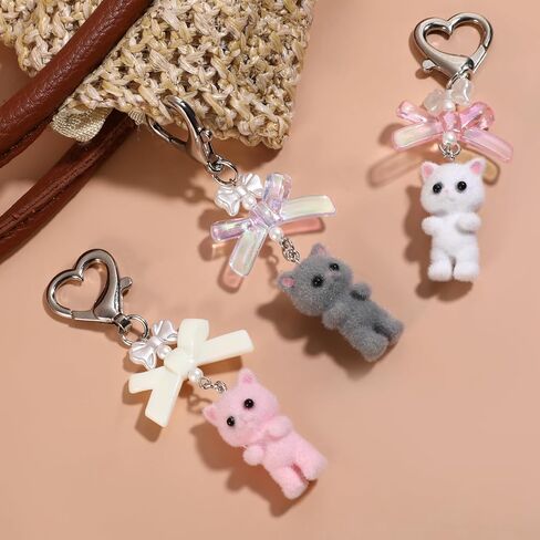 3 Pcs Cute Cat Keychain, Fuzzy Cat Keychain Aesthetic Keychain Matching Cat Keychains Delicate Kitty Keychains Decor Y2K Heart Bow Pendant for Women Cat Keychain Charms for Backpack, Purse, Phone in Saudi Arabia