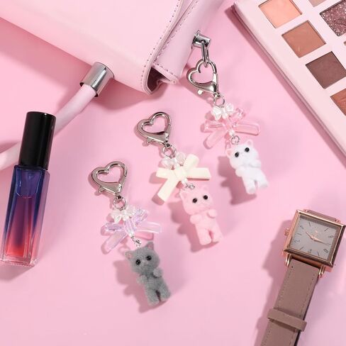 3 Pcs Cute Cat Keychain, Fuzzy Cat Keychain Aesthetic Keychain Matching Cat Keychains Delicate Kitty Keychains Decor Y2K Heart Bow Pendant for Women Cat Keychain Charms for Backpack, Purse, Phone in Saudi Arabia