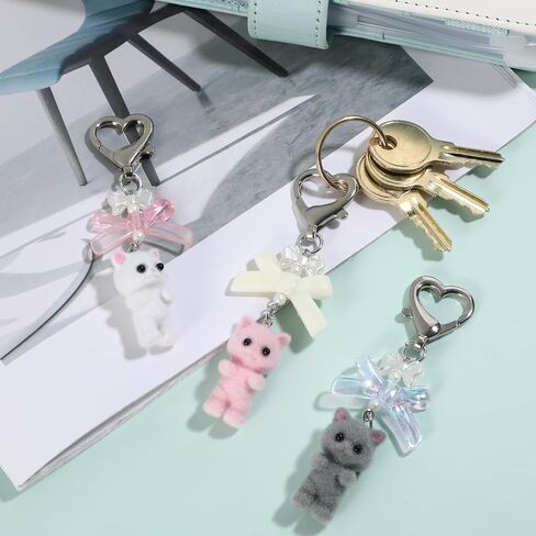 3 Pcs Cute Cat Keychain, Fuzzy Cat Keychain Aesthetic Keychain Matching Cat Keychains Delicate Kitty Keychains Decor Y2K Heart Bow Pendant for Women Cat Keychain Charms for Backpack, Purse, Phone in Saudi Arabia