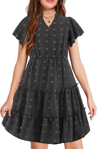 Arshiner Girls 2025 الفساتين الصيفية بوم بومس رفرف الكشكش الأكمام Midi Polka Dot V Dress مع جيوب in Saudi Arabia