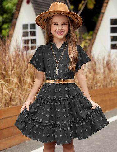 Arshiner Girls 2025 الفساتين الصيفية بوم بومس رفرف الكشكش الأكمام Midi Polka Dot V Dress مع جيوب in Saudi Arabia