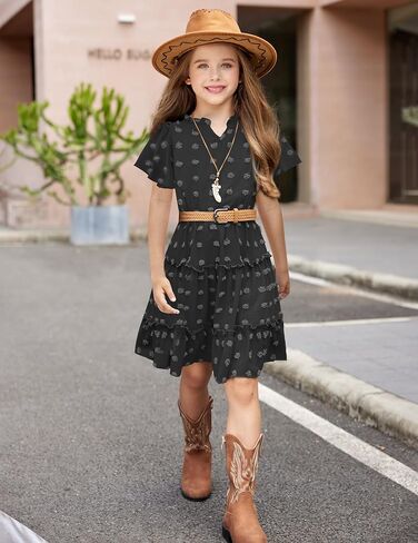 Arshiner Girls 2025 الفساتين الصيفية بوم بومس رفرف الكشكش الأكمام Midi Polka Dot V Dress مع جيوب in Saudi Arabia
