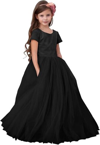 Velvet Tulle Flower Girl Dress for Wedding Short Sleeve Bow Knot Crew Neck Ball Gowns Long Puffy Princess Dresses in Kuwait