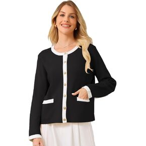Women's Button Down Cardigan Sweater Crewneck Contrast Trim Long Sleeve Knit Ribbed Jacket in Saudi Arabia