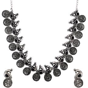 Efulgenz Oxidized Indian Jewelry Choker Necklace and Earrings Indian Jewelry Set for Women Oxidized Antique Bohemian Crystal Stone Mahalaxmi Coin Peacock Necklace Earrings Fashion Jewelry in Saudi Arabia