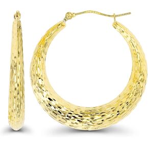 14K Yellow Gold 4.50mm Thick Diamond Cut or Bamboo Hoop Earrings with Hinged Clasp | 4.50x30mm Hoop | Round Hoop Earrings | Solid Gold Earrings For Women in Kuwait