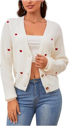 Verdusa Women's Cute Heart Print Button Down Cardigan Cute V Neck Long Sleeve Knit Sweater Cardigan in Saudi Arabia