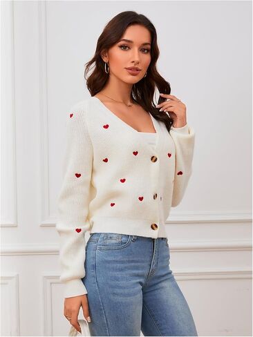 Verdusa Women's Cute Heart Print Button Down Cardigan Cute V Neck Long Sleeve Knit Sweater Cardigan in Saudi Arabia