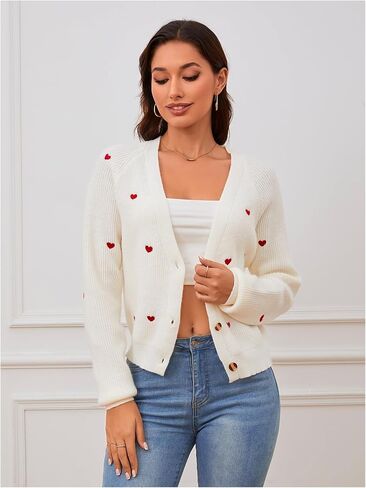 Verdusa Women's Cute Heart Print Button Down Cardigan Cute V Neck Long Sleeve Knit Sweater Cardigan in Saudi Arabia