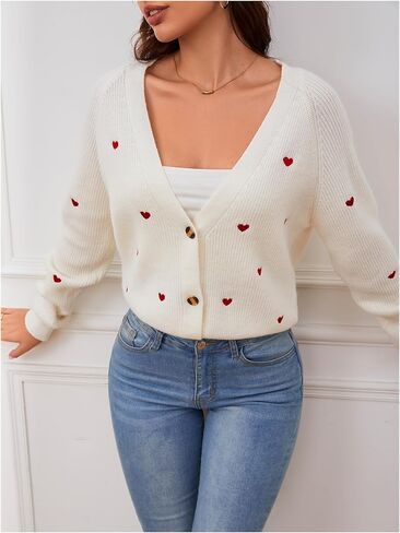 Verdusa Women's Cute Heart Print Button Down Cardigan Cute V Neck Long Sleeve Knit Sweater Cardigan in Saudi Arabia