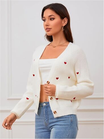 Verdusa Women's Cute Heart Print Button Down Cardigan Cute V Neck Long Sleeve Knit Sweater Cardigan in Saudi Arabia