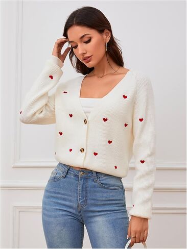 Verdusa Women's Cute Heart Print Button Down Cardigan Cute V Neck Long Sleeve Knit Sweater Cardigan in Saudi Arabia