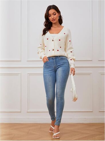Verdusa Women's Cute Heart Print Button Down Cardigan Cute V Neck Long Sleeve Knit Sweater Cardigan in Saudi Arabia