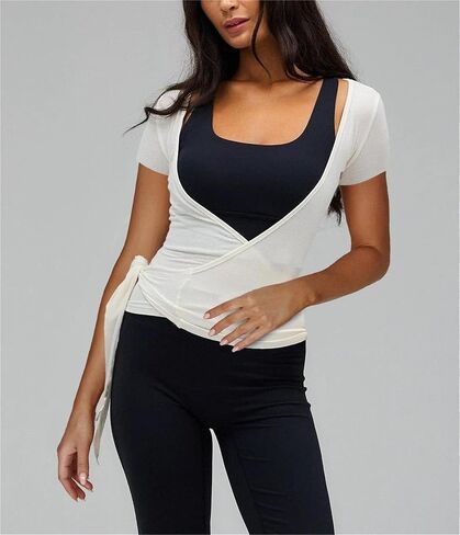 Women Ballet Wrap Top Y2k Tie Front Short Sleeve Cover Up Yoga Pilates Top Slim Fit V Neck Workout Shirt in Kuwait