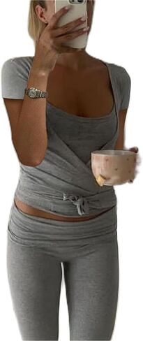 Women Ballet Wrap Top Y2k Tie Front Short Sleeve Cover Up Yoga Pilates Top Slim Fit V Neck Workout Shirt in Kuwait