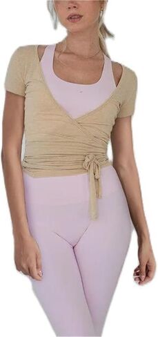 Women Ballet Wrap Top Y2k Tie Front Short Sleeve Cover Up Yoga Pilates Top Slim Fit V Neck Workout Shirt in Kuwait