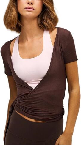 Women Ballet Wrap Top Y2k Tie Front Short Sleeve Cover Up Yoga Pilates Top Slim Fit V Neck Workout Shirt in Kuwait