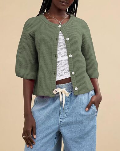 Gacaky Women's Lightweight Cardigan Sweater Short Sleeve Casual Crewneck Button Soft Knit Cardigans Sweater Tops in Saudi Arabia