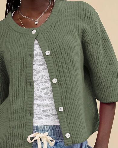 Gacaky Women's Lightweight Cardigan Sweater Short Sleeve Casual Crewneck Button Soft Knit Cardigans Sweater Tops in Saudi Arabia