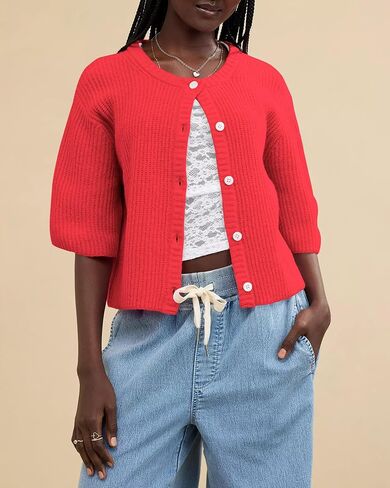 Gacaky Women's Lightweight Cardigan Sweater Short Sleeve Casual Crewneck Button Soft Knit Cardigans Sweater Tops in Saudi Arabia