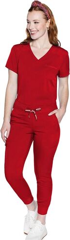 طقم فرك نسائي من Med Couture مع توب فرك برقبة على شكل حرف V MC7448 وسروال قابل للتمدد في اتجاهين 7710، النبيذ - بلوزة L/بنطلون L in Saudi Arabia