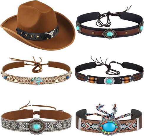 6 Pcs Cowboy Hat Band Replacement Ethnic Western Hat Belts Rural Classical Mexican Turquoise Hatbands for Men Women (Stylish Style) in Kuwait
